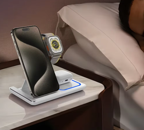 Soporte Cargador Inalámbrico 3 en 1 Plegable – iPhone, Apple Watch y AirPods