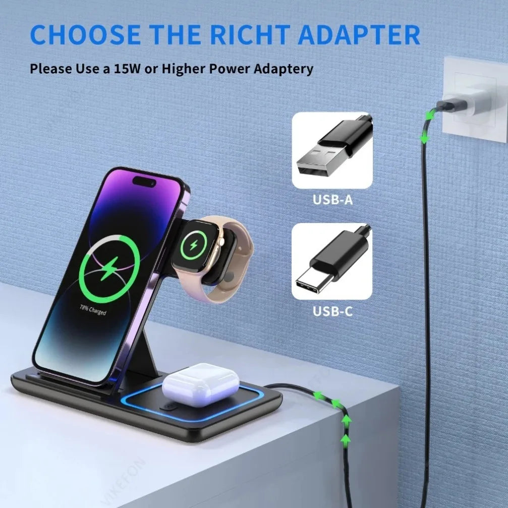 Soporte Cargador Inalámbrico 3 en 1 Plegable – iPhone, Apple Watch y AirPods