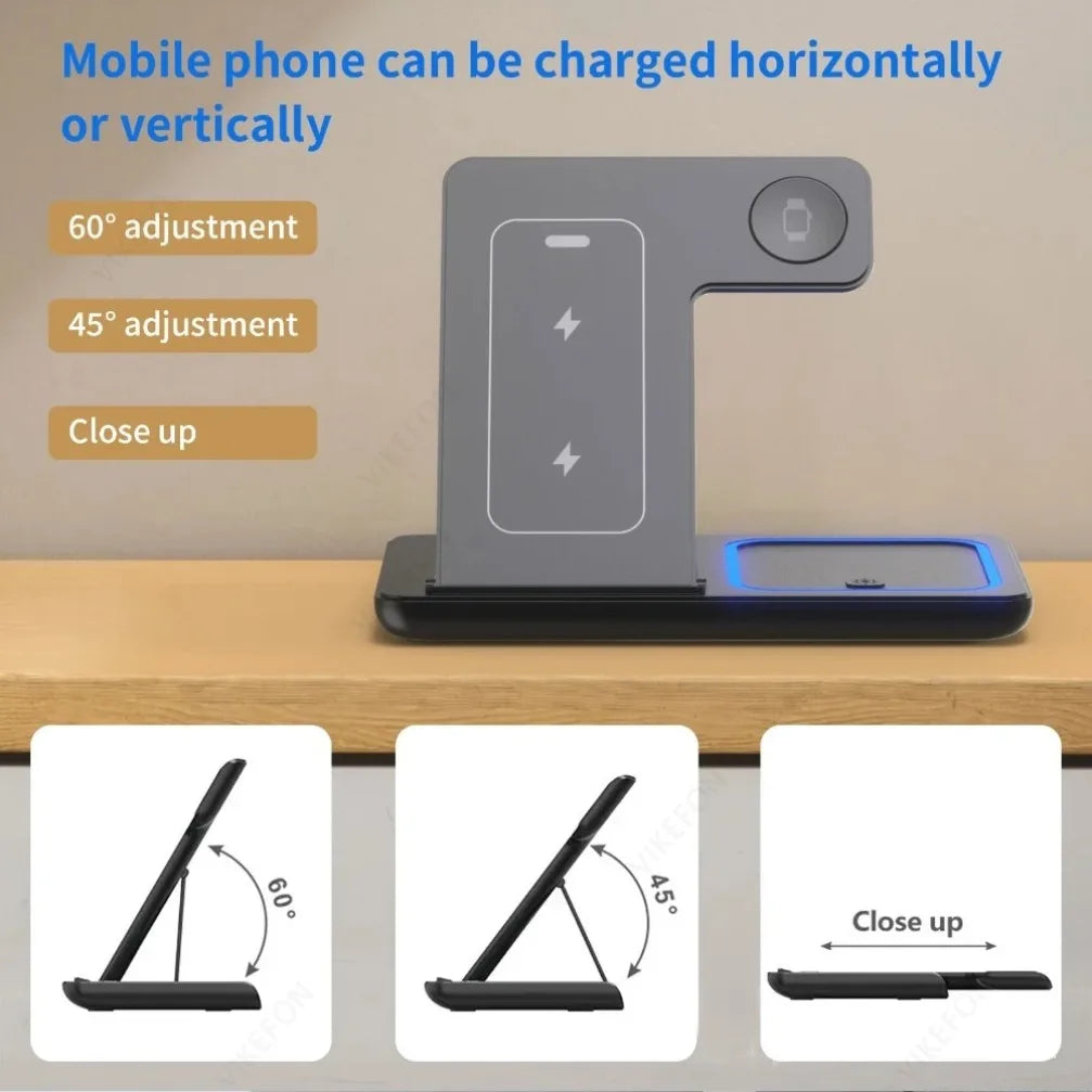 Soporte Cargador Inalámbrico 3 en 1 Plegable – iPhone, Apple Watch y AirPods