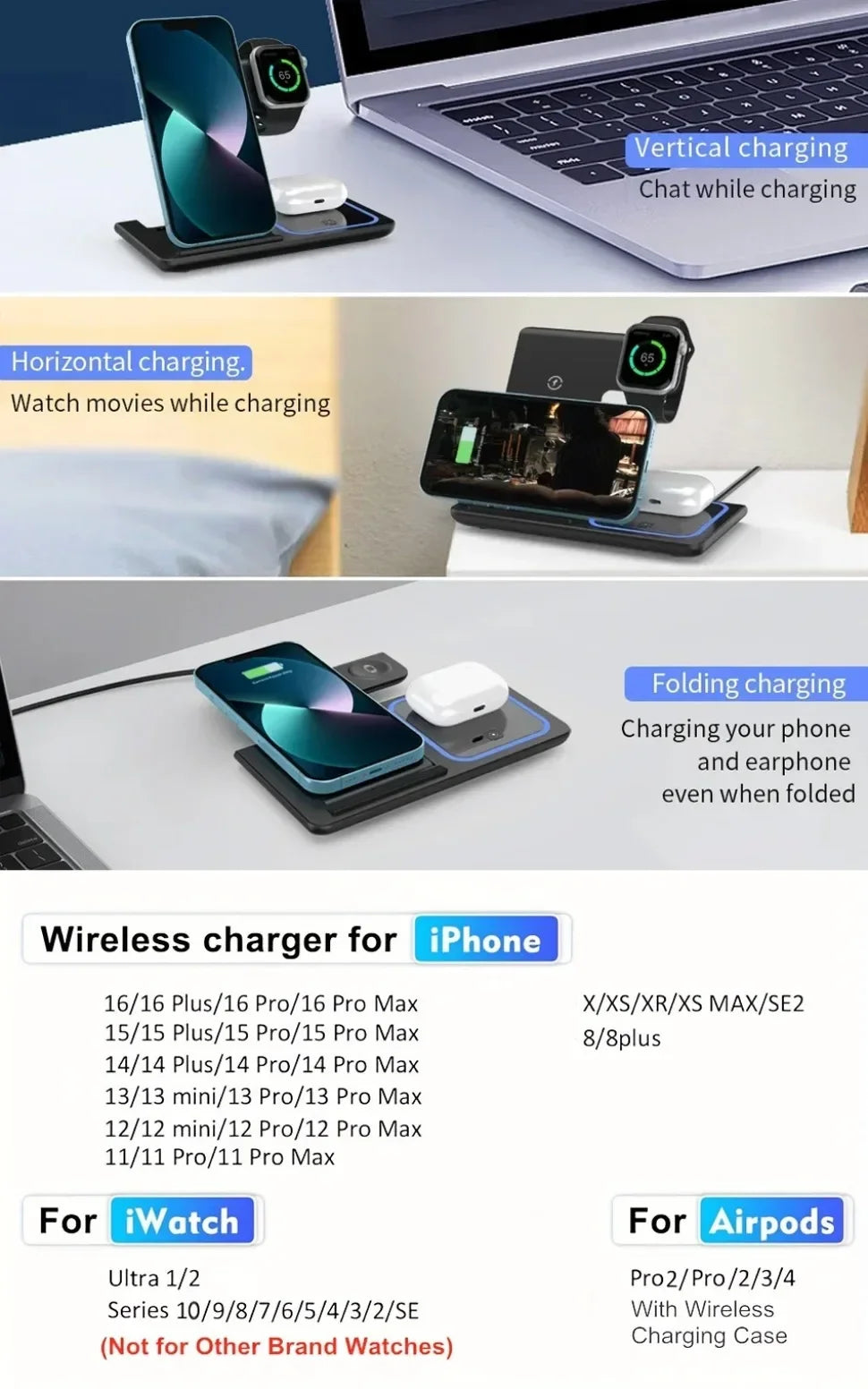 Soporte Cargador Inalámbrico 3 en 1 Plegable – iPhone, Apple Watch y AirPods